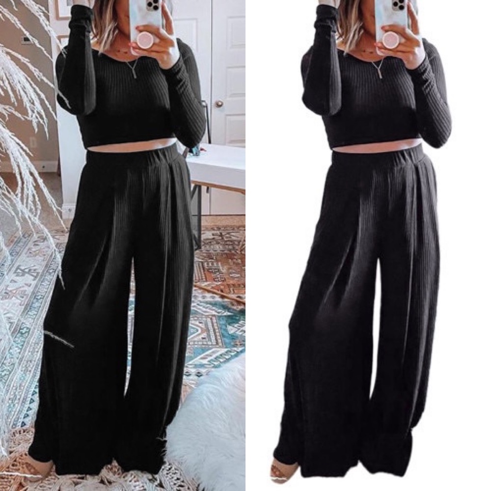 Black Knit Cropped Top & Wide Leg Pants - Picture 1 of 14
